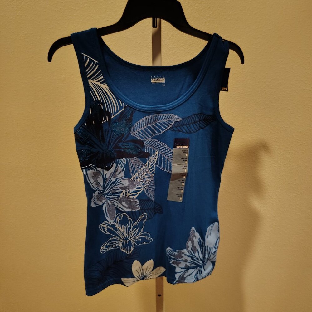 Basic Editions Women's 2x2 Rib Tank Size Small NWT Cotton Blue Ribbed Flowers
